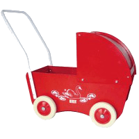 Red wooden doll carriage.